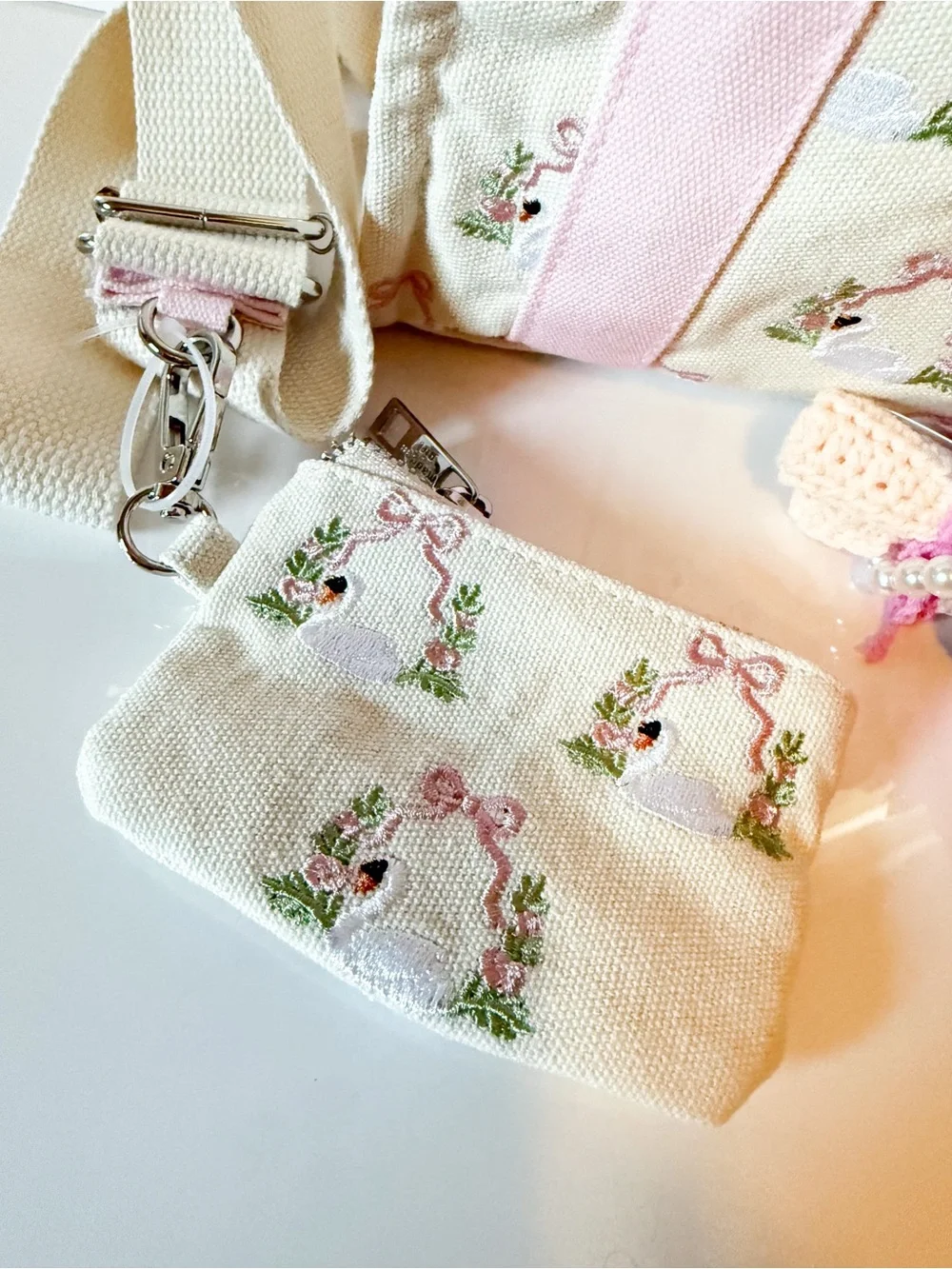Madden Girl Vital Swan Embroidered Crossbody Mini Tote with Charms & Pouch